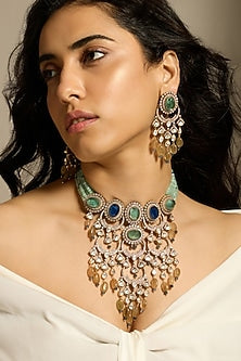 Gold Finish Emerald Green & Blue Stone Necklace Set