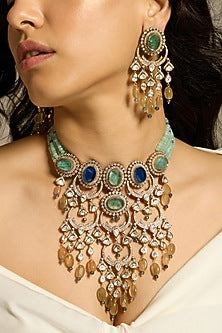 Gold Finish Emerald Green & Blue Stone Necklace Set