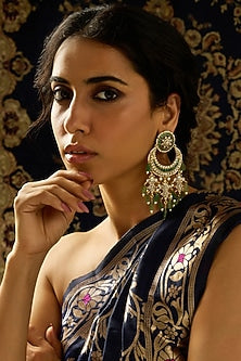 Gold Finish Kundan Polki & Deep Green Stone Chandbali Earrings