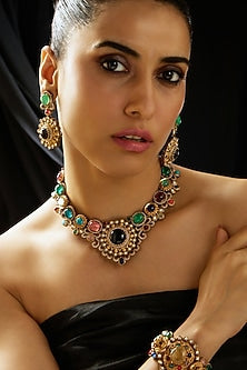 Gold Finish Multi-Colored Stone Necklace Set