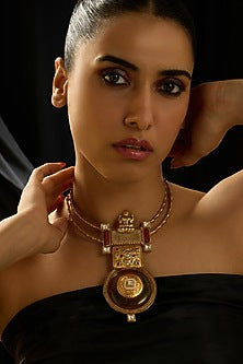 Gold Finish Maroon Stone Temple Necklace