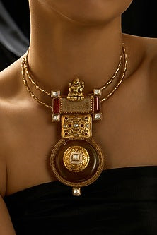 Gold Finish Maroon Stone Temple Necklace
