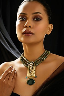 Gold Finish Motifs & Cream Beaded Necklace