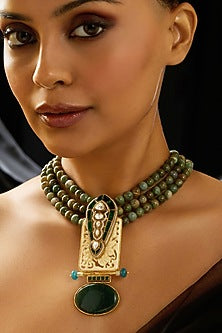 Gold Finish Motifs & Cream Beaded Necklace