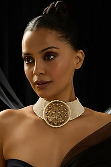 Gold Finish Motifs & Pearl Temple Collar Necklace