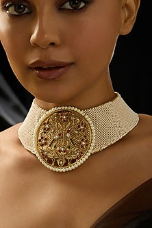 Gold Finish Motifs & Pearl Temple Collar Necklace