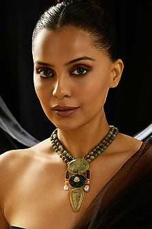 Gold Finish Green & Black Stone Necklace