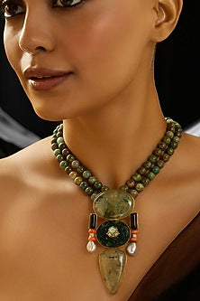 Gold Finish Green & Black Stone Necklace