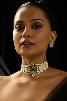 Gold Finish Rajwadi Motifs & Pearl Choker Necklace Set