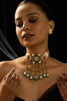 Gold Finish Green Stone Choker Necklace Set