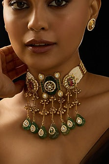 Gold Finish Green Stone Choker Necklace Set