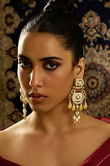 Gold Finish Red & Green Stone Chandbali Earrings