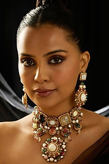 Gold Finish Multi-Colored Stone Necklace Set
