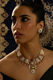 Gold Finish Rajwadi Motifs & Pearl Temple Necklace Set