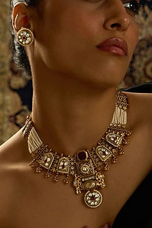 Gold Finish Rajwadi Motifs & Pearl Temple Necklace Set