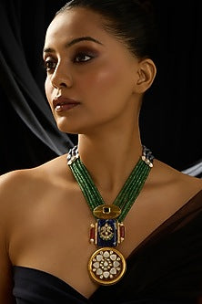 Gold Finish Emerald Green Beaded Necklace