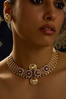 Gold Finish Ornate Motifs Temple Necklace Set