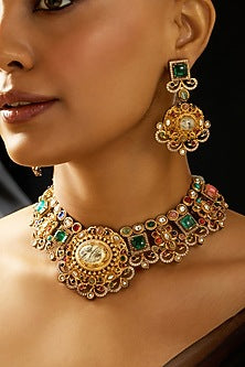 Gold Finish Multi-Colored Gemstone Necklace Set