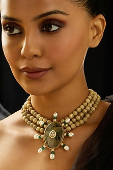 Gold Finish Sun-Shaped Cream Beaded Pendant Necklace