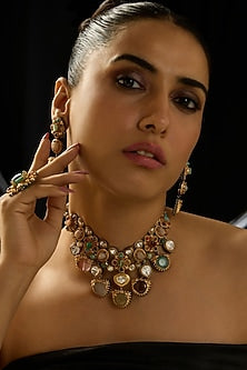 Gold Finish Multi-Colored Stone Necklace Set