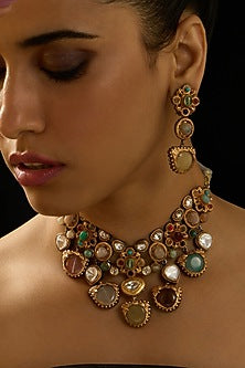 Gold Finish Multi-Colored Stone Necklace Set