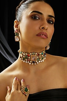 Gold Finish Multi-Colored Stone Choker Necklace Set
