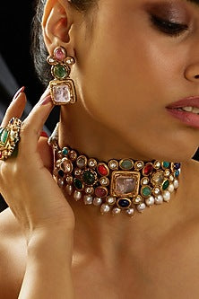 Gold Finish Multi-Colored Stone Choker Necklace Set