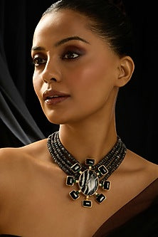 Gold Finish Black Stone Textured Necklace