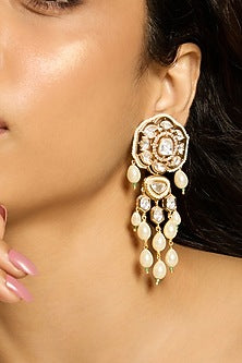 Gold Finish Kundan Polki & Pearl Dangler Earrings