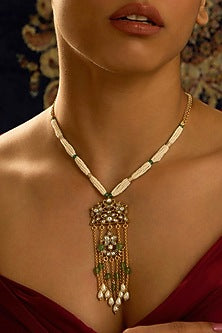 Gold Finish Multi-Colored Stone & Rajwadi Charm Necklace
