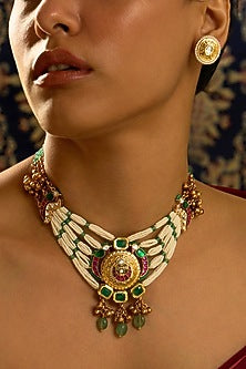 Gold Finish Pearl & Multi-colored Motifs Necklace Set