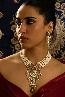 Gold Finish Rajwadi Pearl Motifs Long Necklace Set