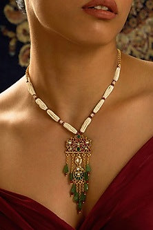 Gold Finish Rajwadi Motfs & Pearl Twist Chain Necklace