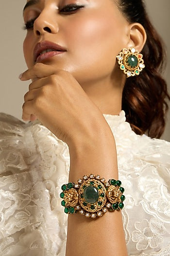 Gold Finish Motifs & Green Stone Bracelet