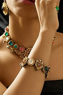 Gold Finish Motifs & Multi-Colored Stone Handcrafted Bracelet
