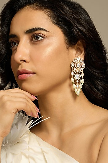 Gold Finish Pearl & Kundan Polki Dangler Earrings
