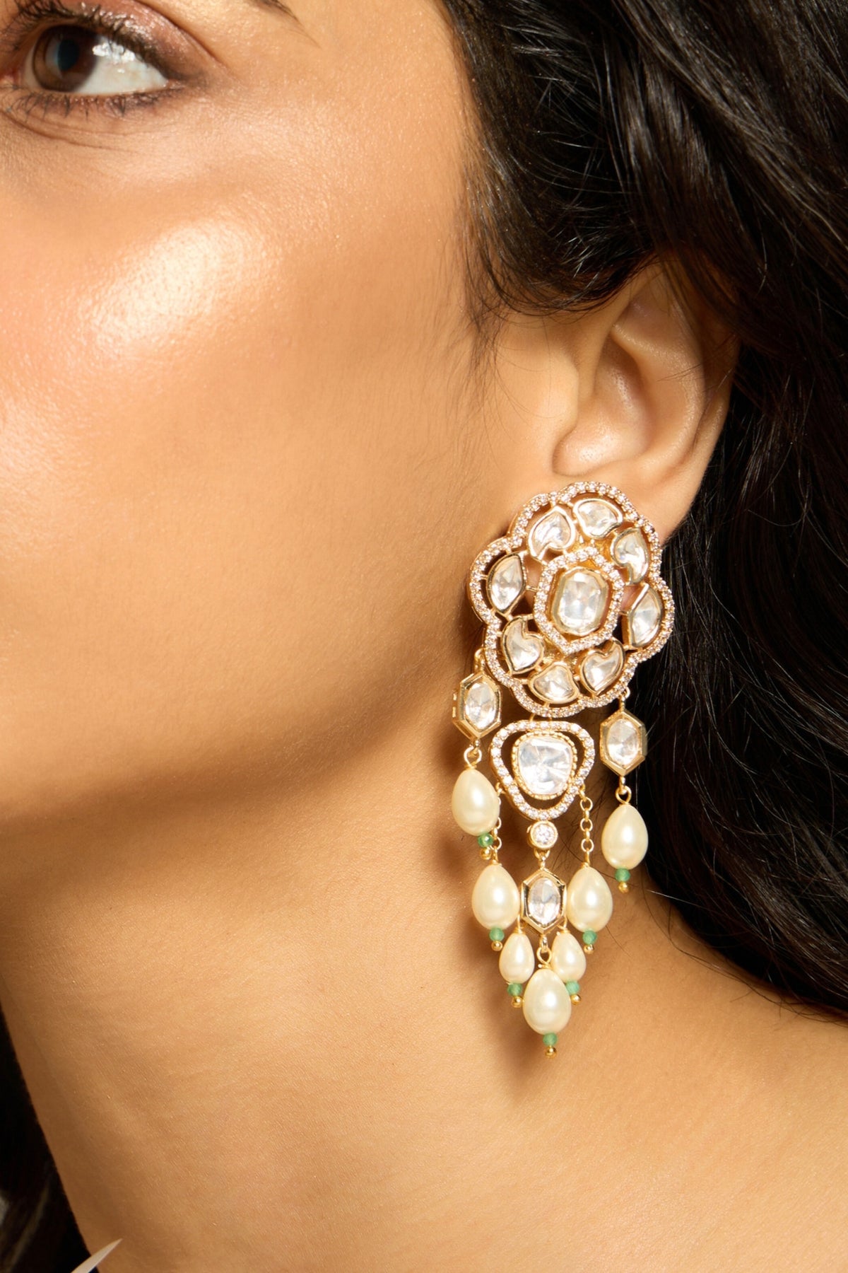 Gold Finish Pearl & Kundan Polki Dangler Earrings