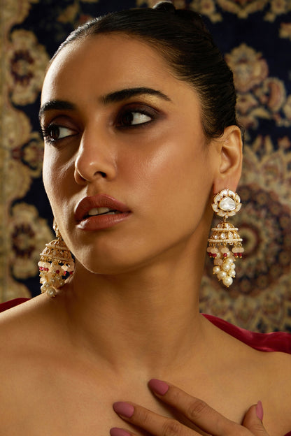 Gold Finish Kundan Polki & Pearl Jhumka Earrings
