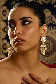 Gold Finish Kundan Polki & Pearl Jhumka Earrings