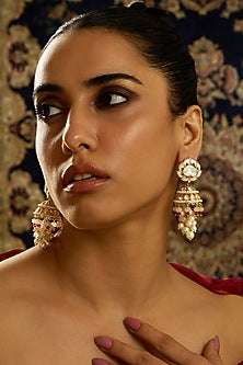 Gold Finish Kundan Polki & Pearl Jhumka Earrings