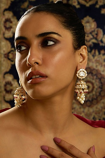 Gold Finish Kundan Polki & Pearl Jhumka Earrings