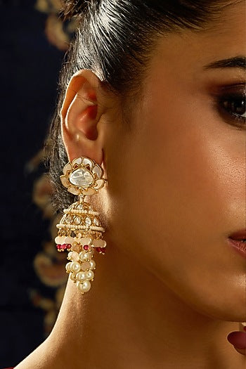 Gold Finish Kundan Polki & Pearl Jhumka Earrings