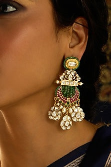 Gold Finish Kundan Polki & Multi-Colored Stone Dangler Earrings