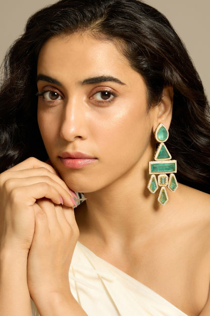 Gold Finish Green Stone Dangler Earrings