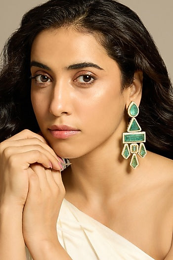 Gold Finish Green Stone Dangler Earrings