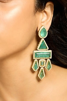 Gold Finish Green Stone Dangler Earrings