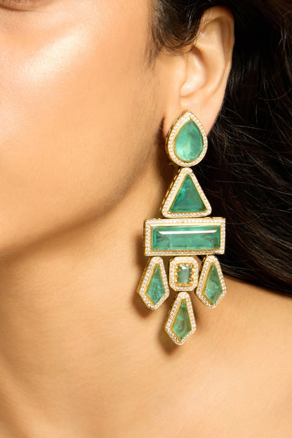 Gold Finish Green Stone Dangler Earrings