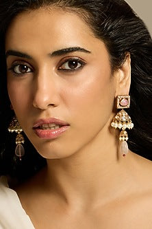 Gold Finish Pink Stone Jhumka Earrings