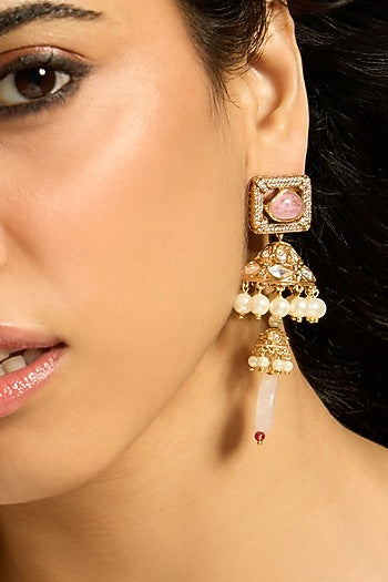 Gold Finish Pink Stone Jhumka Earrings
