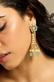 Gold Finish Green Stone Drop Earrings